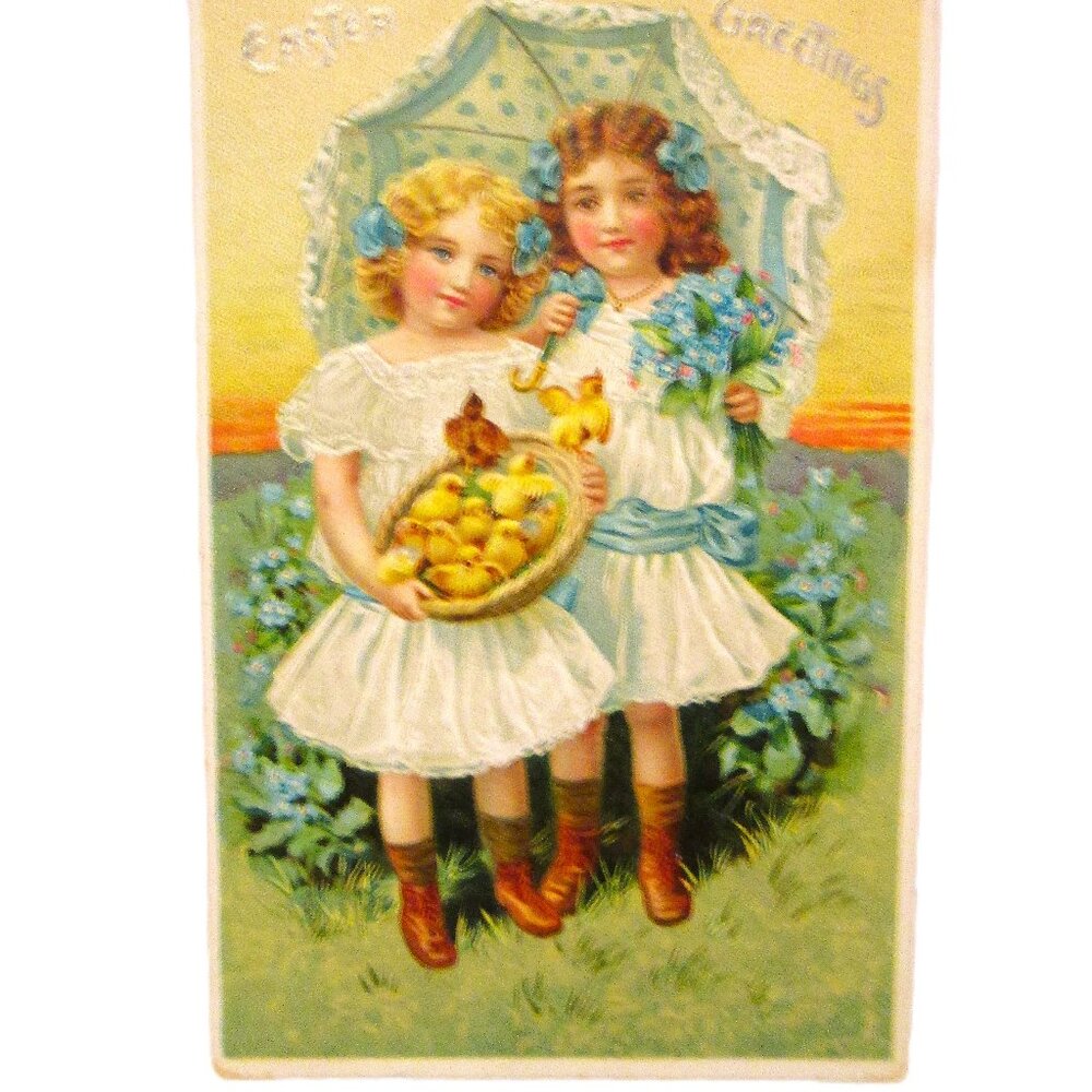 Antique Easter postcard from 1911 of two girls in white and glue ribbons & umbr